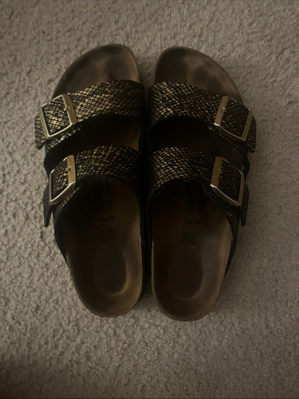 Birkenstock Metallic Black & Gold Two-Strap Sandals